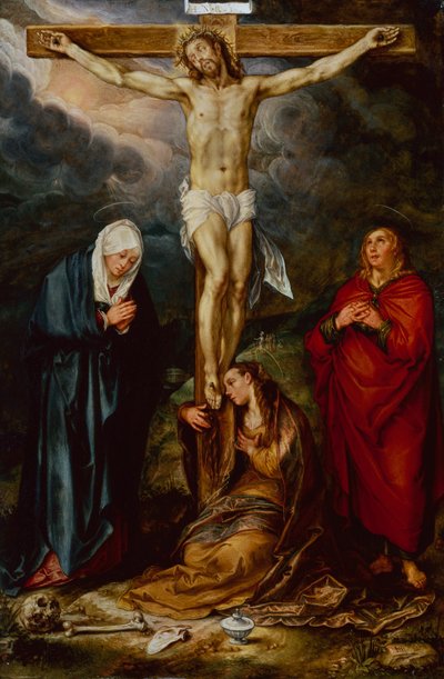 十字架上のキリスト、マリア、聖ヨハネ、マグダラの人々と（銅に油彩 作： Hendrik Goltzius