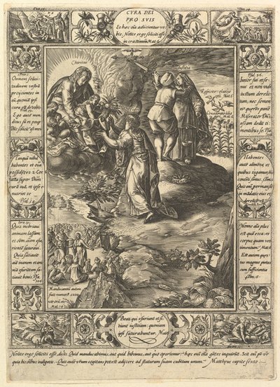 Cura Dei Pro Suis、キリスト教信仰の寓話、キリスト教と冒涜の寓話。 作： Hendrik Goltzius