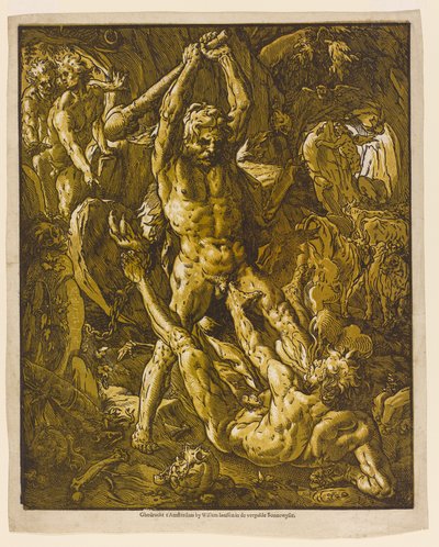ヘラクレスとカクス、1588（敷設紙にキアロスクーロの木版画） 作： Hendrik Goltzius