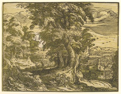 1595 年以降の着席カップルのいる風景。 作： Hendrik Goltzius