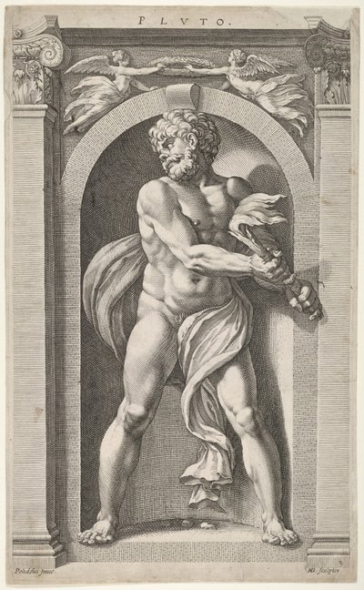 冥王星、図、4つの頭、1つの柱のスケッチ、1592。 作： Hendrik Goltzius