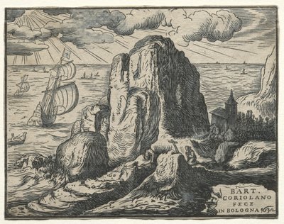4つの風景のセット：No. 4-海岸の崖。 作： Hendrik Goltzius