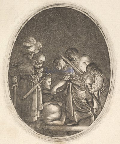 洗礼者ヨハネの頭を受け取り、3人の男性と1人の子供ビーに囲まれたサロメ...、ca。 1610年。 作： Hendrik Goudt
