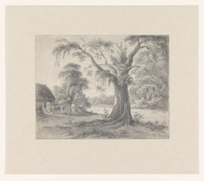 木と小屋のある風景と馬と馬車と 2 人の人物 作： Hendrik Huygens (signed by artist)