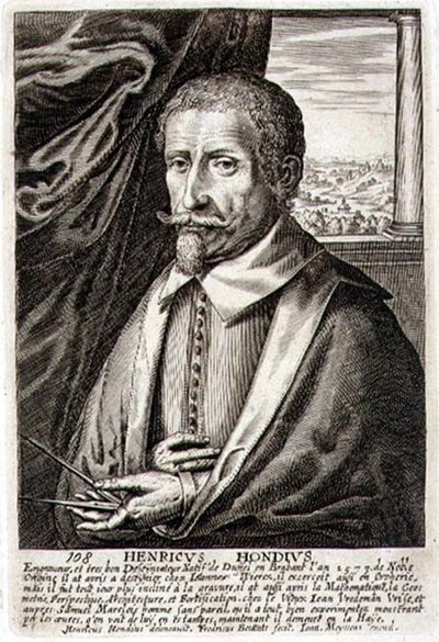 フレデリック・ブータッツ2世（fl.1643-76）が彫った芸術家の肖像シリーズの108番「自画像」（エングレーヴィング） 作： Hendrik I (after) Hondius