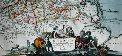 1639年アムステルダムの「Le Nouveau Theatre du Monde」からのライン川の流れの地図のカルトゥーシュ（カラーエングレーヴィング）。 作： Hendrik I Hondius