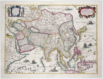 アラビア、日本、朝鮮半島およびインドネシア列島の大部分を含む一般的な地図、1631年（カラー彫刻） 作： Hendrik I Hondius