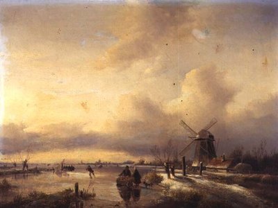 凍った川の風景の中の人物（パネル） 作： Hendrik Jacobus Scholten