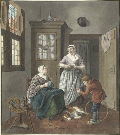 裁縫の女性、メイド、遊ぶ男の子のインテリア 作： Hendrik Jan van Amerom