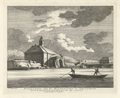 1769年、シンゲルグラハトから見たマウダーポールトのたるみ アムステルダムのマイダーポールトの画像、崩壊したシンドとしての動物園、外側から見ることができ、ジグ線で示されています (オブジェクトのタイトル) 作： Hendrik Keun
