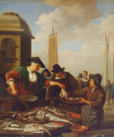 港のそばの魚屋（油彩・パネル） 作： Hendrik Martensz Sorgh