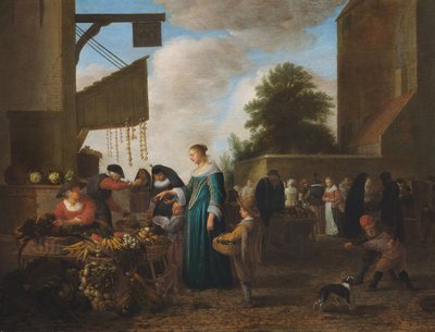 野菜市場、1660年頃、オーク材に油彩 作： ヘンドリック・マルテンス・ソルグ