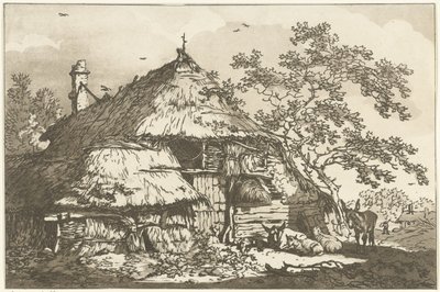 庭で牛、羊 2 頭、ロバがいる農場 風景画を学ぶ人のために計算された12のデザイン（連載タイトル） 作： Hendrik Meijer