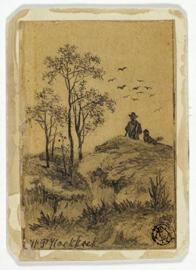 丘の上のハンターと犬が鳥を見ている 作： Hendrik Pieter Koekkoek