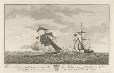 強力なカッターとの戦い、1782 年 1782 年 3 月 7 日の Le Turc 大尉による 18 ピースの強い Kotter に対する頑固な戦い (オブジェクトのタイトル) 作： Hendrik Roosing
