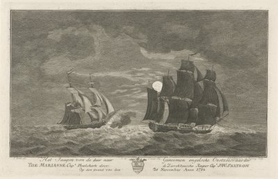 マリアンヌを狩るセクストロー、1782年 奪われたイギリスのバルト海の船の狩猟 マリアンヌ船長。 Zierikzeesche Kaper CaptによるPhielskerk。 J:W:Sextroh 1782 年 11 月 20 日の夕方に Anno (オブジェクトのタイトル) 作： Hendrik Roosing
