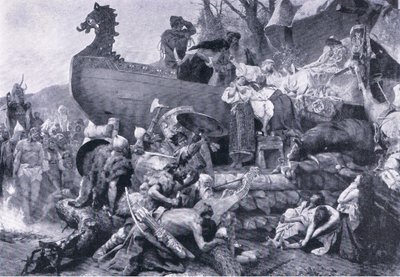 ロシア東部の首長の火葬（10世紀） グレシャム出版社「Landmarks in European History」のイラスト（1920年頃）（リトグラフ版 作： Henryk Siemiradzki
