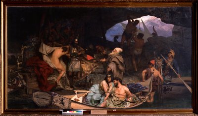 コルセア。 （彼らが戦利品と囚人（人質）を洞窟に持ち帰るシーン）。 Henryk Siemiradzki (1843-1902) の絵画、キャンバスに油彩 作： Henryk Siemiradzki
