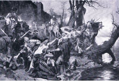 ドルスター城壁下の大虐殺でのスヴャトスラフの戦士たち（グレシャム出版社「Landmarks in European History」より、1920年頃のイラスト（リトグラフ版 作： Henryk Siemiradzki