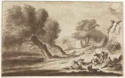 羊飼いと牛が休んでいる風景 作： Hendrik Spilman