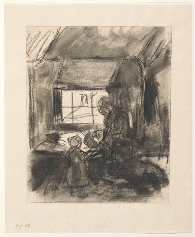 女性と 2 人の子供とインテリア 作： Hendrik Valkenburg
