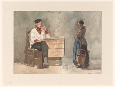 喫煙船乗り、くびきと牛乳バケツを持つ女性 作： Hendrik Valkenburg