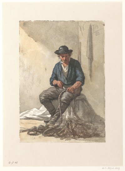 ロープに取り組んで座っている漁師 作： Hendrik Valkenburg