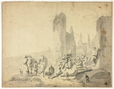 様々な人物のいる港の風景 作： Hendrik Verschuring
