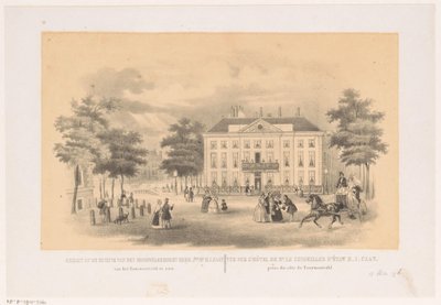 1850年頃、ハーグのHerenlogement van DordrechtのTournoiveldからの眺め 生まれながらの紳士 H. I. カーン氏の家の眺めは、Tournoiveld (オブジェクトのタイトル) から見ることができます。 作： Hendrik Wilhelmus Last (attributed to)