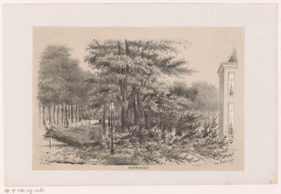 1860 年 5 月 28 日の嵐の後、Voorhout 近くの吹き倒された木 Voorhout (オブジェクトのタイトル) 1860 年 5 月 28 日の嵐の影響を受けたトネーレン ファン デ フェルウォスティングを描いた 10 枚のリトグラフ スケッチのアルバム 作： Hendrik Wilhelmus Last