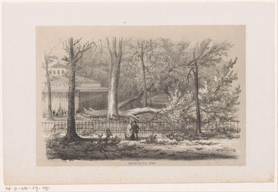 1860 年 5 月 28 日の嵐の後、社会の近くで吹き倒された木 社交テント (オブジェクトのタイトル) 1860 年 5 月 28 日の嵐の影響を受けたトネーレン ファン デ フェルウォスティングを描いた 10 枚のリトグラフ スケッチのアルバム 作： Hendrik Wilhelmus Last