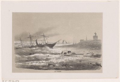 1860 年 5 月 28 日の嵐の間、浜辺でトラブルに見舞われた船 ビーチ（オブジェクトのタイトル） 1860 年 5 月 28 日の嵐の影響を受けたトゥーニーレン ファン デ フェルウォスティングを描いた 10 枚のリトグラフ スケッチのアルバム 作： Hendrik Wilhelmus Last