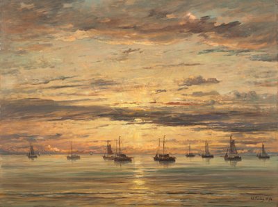 スヘーフェニンゲンの夕日: アンカーの漁船の艦隊 作： Hendrik Willem Mesdag