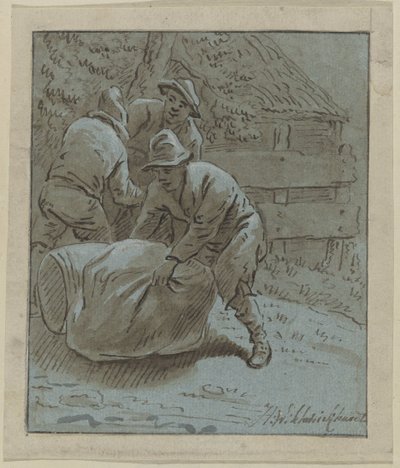 寝そべる樽と袋のある風景の中の 3 人の男性 作： Hendrik Willem Schweickhardt (signed by artist)