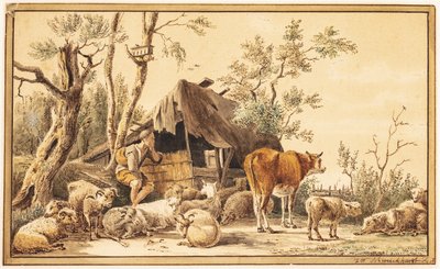 小屋のそばで羊の群れを飼っている羊飼い 作： Hendrik Willem Schweickhardt