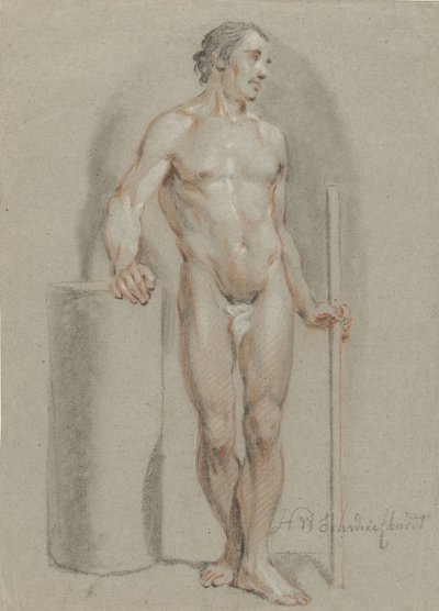 立っている裸の男性、棒を持ち、スタジオのシリンダーにもたれかかる 作： Hendrik Willem Schweickhardt