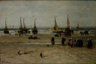 漁船と漁師のいる海岸の風景 作： Hendrik William Mesdag