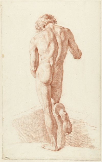 後ろから見た、右膝にもたれて立っている男性ヌード 作： Hendrik de Flines