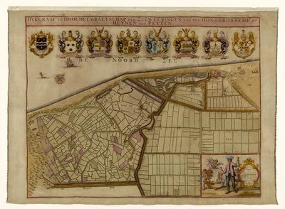 Hondsbossche Zeewering とペッテン近くの砂丘の地図 Dykgraaf and Hoogheemraetschap der Zeeweeringen den Hondsbossche と Duynen から Petten まで (オブジェクトのタイトル) 作： Hendrik de Leth