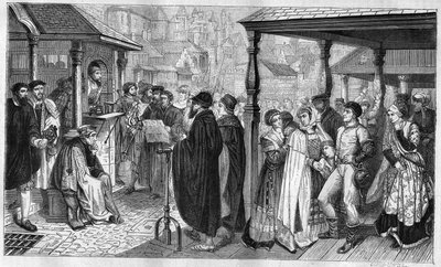アントワープにおけるシャルル5世の編纂物の出版：1550年、異端を確信した者はブリュレか生き埋め、もしくはデカピートにされると法律で定められている。Henri Leys男爵（1815-1869）の絵をもとに1866-1867年に作成されたエングレーヴィング。 作： Hendrik or Henri Leys
