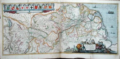 1639年、アムステルダムの「Le Nouveau Theatre du Monde」に掲載されたライン川の流れの地図（カラーエングレービング） 作： Hendrik the Elder Hondius