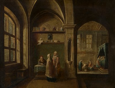 数字のあるルネサンスのインテリア：聖ヨハネの誕生、1600-49年頃（銅に油彩） 作： Hendrik the Younger Steenwyck