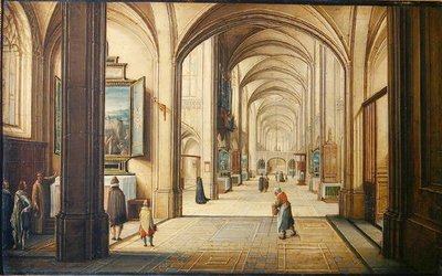 訪問者に絵画を見せているサクリスタンのある教会の内部、1608年（カードに油彩） 作： Hendrik the Younger Steenwyck