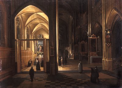 ゴシック様式の教会の内部（銅に油彩） 作： Hendrik the Younger Steenwyck