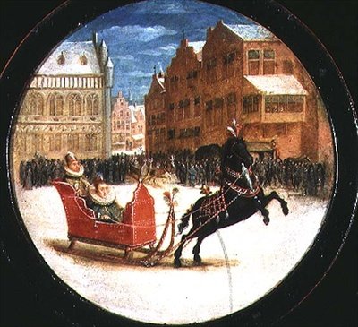 馬車に乗った人物のいる冬の風景（銅に油彩） 作： Hendrik the Younger Steenwyck