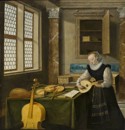 若き日のステーンウィック（Hendrick van, the Younger, 1580-1649）による「リュートを弾く貴婦人」（Dame jouant du luth）。木に油彩。寸法：65x64 cm。ストックホルム国立博物館 作： Hendrik van (c.1580 1649) Steenwyk