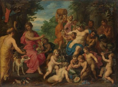 ダイアナはバッカスと従者たちからワインと果物を提供された 作： Hendrik van Balen (I)