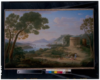 テンピエットの前に座る人物のいる広大な古典的風景 作： Hendrik van Lint