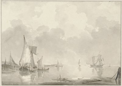 静水に浮かぶ船で沖合を眺める 作： Hendrik van den Helm
