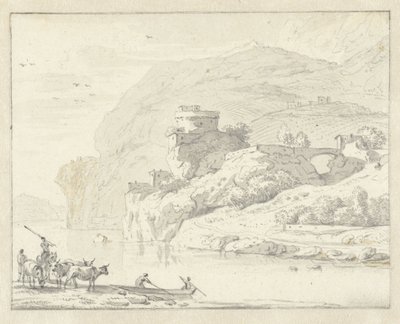 遊牧民と牛のいるイタリア風の山の風景、川を渡るボートに乗った 2 人の人物 作： Hendrik van der Straaten (attributed to)